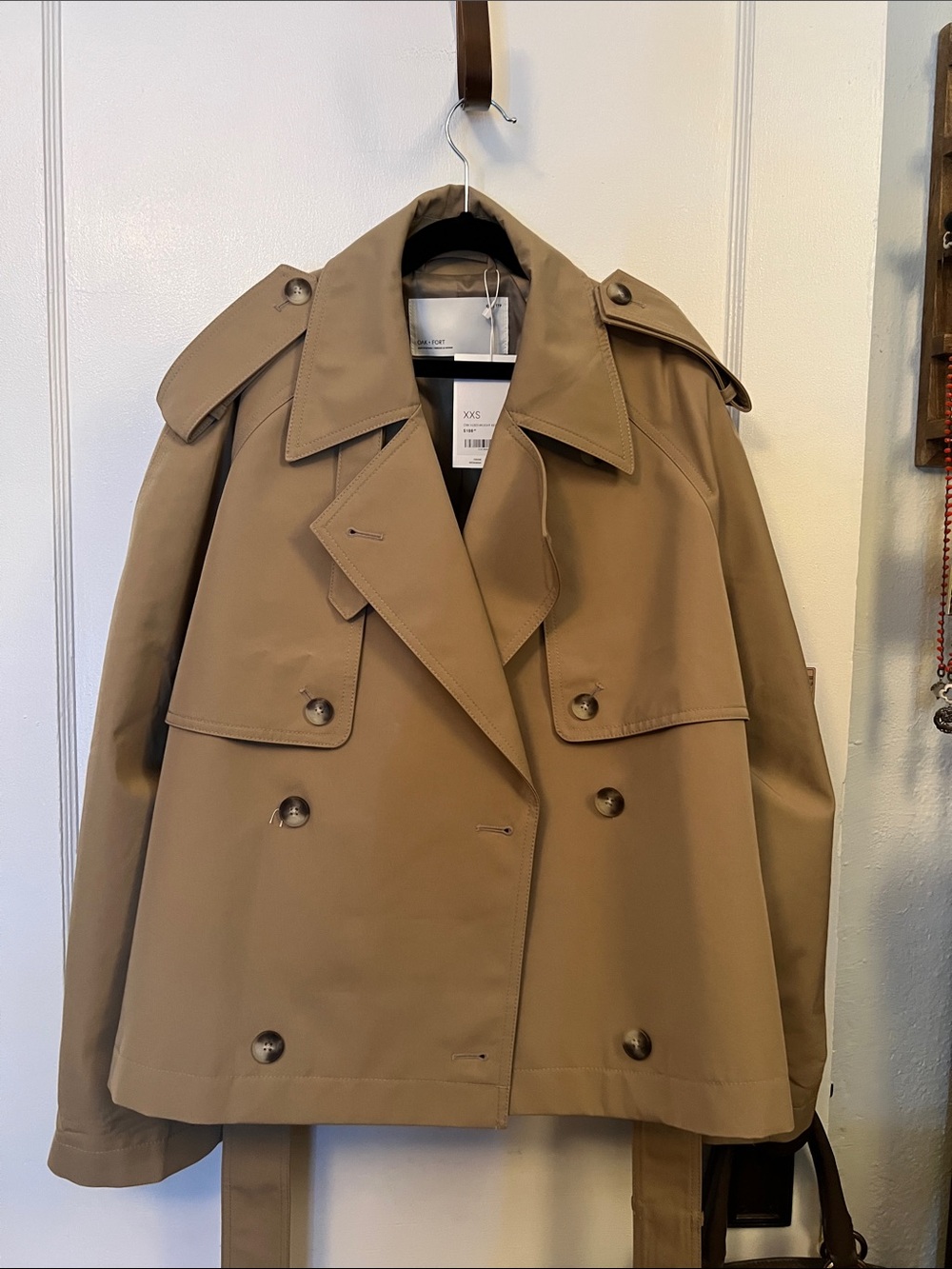 OAK + FORT Cropped Double-Breasted Trench Coat in Tan